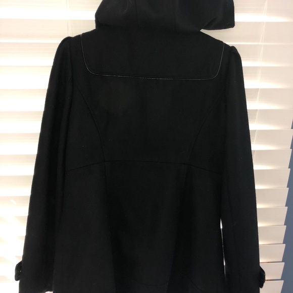 Cute Wool Jacket with hood with faux leather trim strap & button on cuff. - Picture 2 of 5